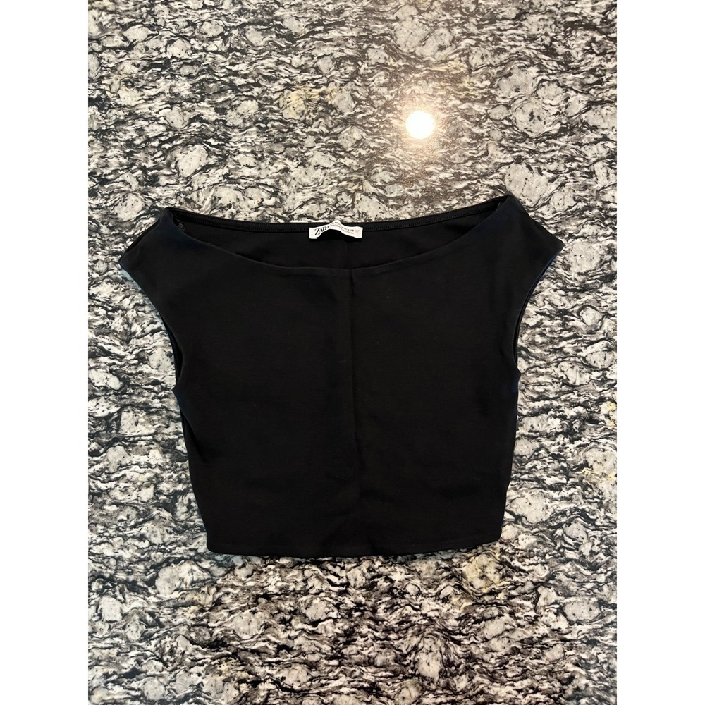 Zara Qayiq Yoqali Crop Top Womens Medium Black Ribbed Boat Neck Comfort Modern